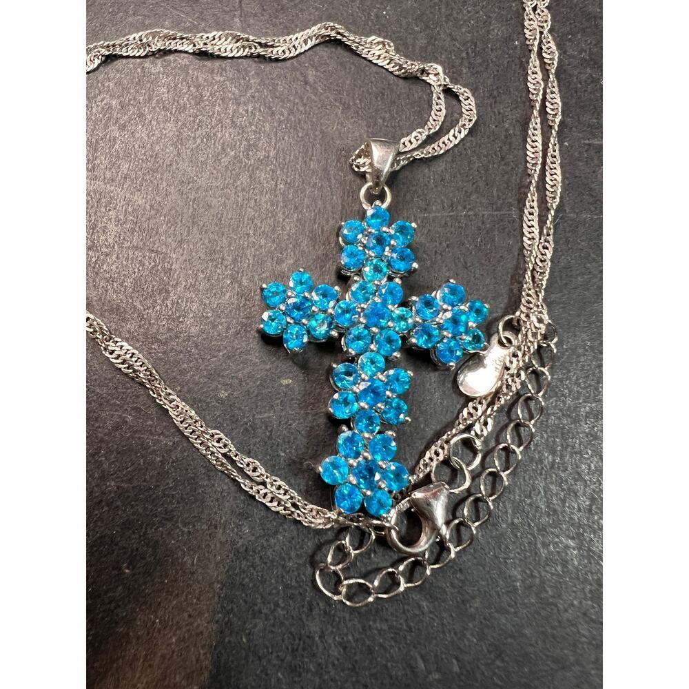 Neon Blue Apatite Rhodium Over Sterling Silver Cross Pendant With Chain 3.25ctw - Picture 15 of 16